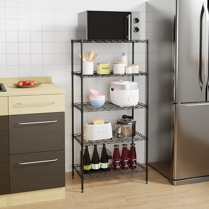 PayLessHere | 5-Tier Wire Shelf | 21"x11"x48" | Black | Adjustable Racks | Heavy-Duty Storage Shelves, Holds Upto 750 lbs | Rust-Resistant, No-Tool Assembly | for Home, Garage Shelving