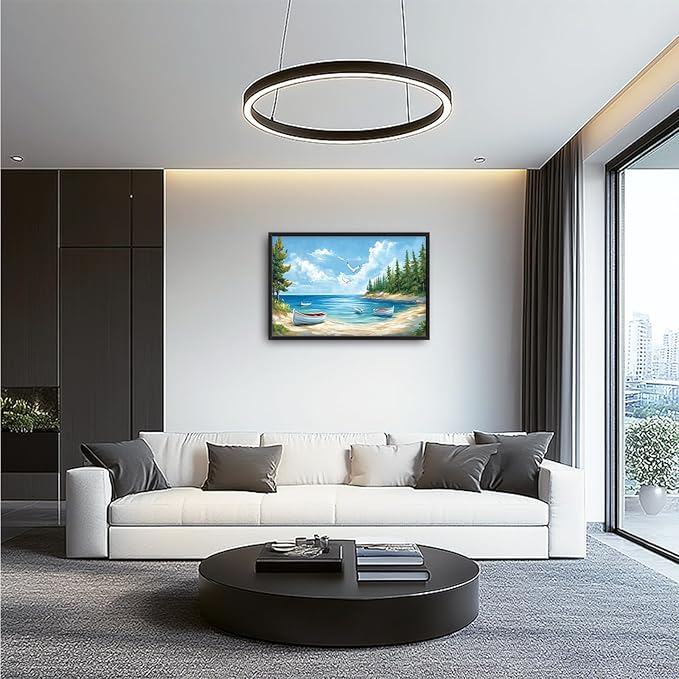 Framed Large Wall Art for Living Room, Beach Boat Canvas Wall Decor, Large Coast Sailboat Picture Framed Painting, Modern Artwork for Bedroom Office 36L'' × 24W''