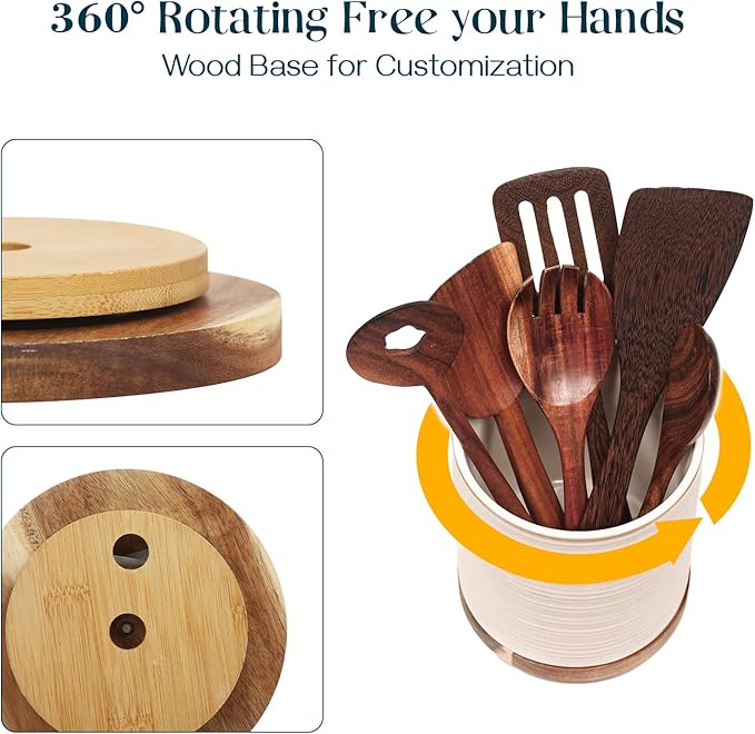 DOWAN 360° Rotating Extra Large Cooking Utensil Holder, 7.6" Kitchen Utensil Holder for Countertop, Utensil Crock for Farmhouse Kitchen Decor, Ceramic Stable Utensil Caddy, Soft White