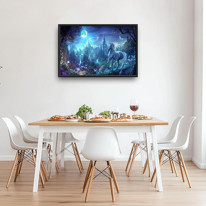 Flintis Large Unicorn Wall Art Unicorn Castle Moon Pictures Wall Decor Abstract Animal Canvas Painting Print Artwork Decoration Framed for Living Room Bathroom Master Bedroom Office 36L x 24W