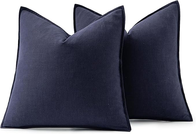 MIULEE Decorative Linen Euro Sham Pillow Covers 24x24 Navy Boho Farmhouse Neutral Couch Throw Pillows for Bed Pack of 2 Accent Modern Pillowcase Summer Sofa Livingroom Home Decor