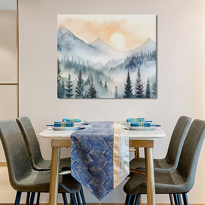 Large Misty Mountain Forest Wall Art for Living Room, Framed Foggy Sunrise Landscape Wall Decor Oversized Watercolor Canvas Painting Modern Artwork Home Decoration for Bedroom Office 60"x30"