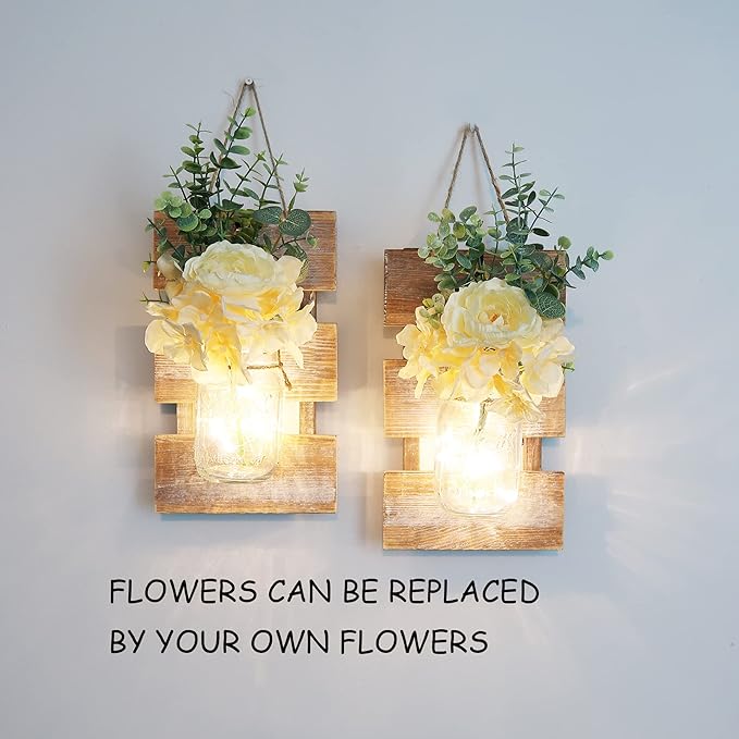 Besuerte Mason Jar Wall Sconces, Rustic Brown Wall Hanging Decor, LED Fairy Lights with Automatic On and Off 6-Hour Timer (Set of 2),Brown