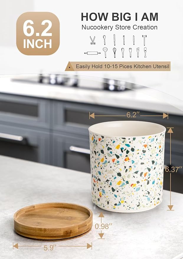 Nucookery 360°Rotating Utensil Holder, 7.2" Kitchen Utensil Crock, Ceramic Cooking Utensil Organizer with Countertop-Protection Cork Bottom for Farmhouse Kitchen Decor Christmas (Marble Pattern)