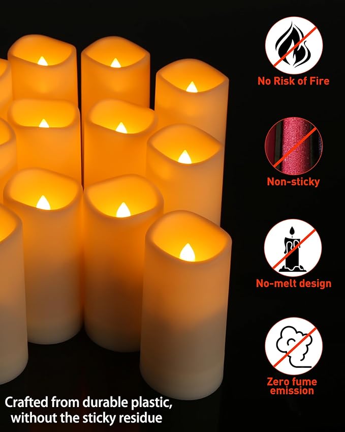 Enido 24 Pc Flameless LED Candles with Remote & Timer, Outdoor Waterproof, Flickering Electric Warm Lights for Cozy Home & Holiday Romantic Decor, Battery Operated (D 2.2” x H 4”/5”/6”