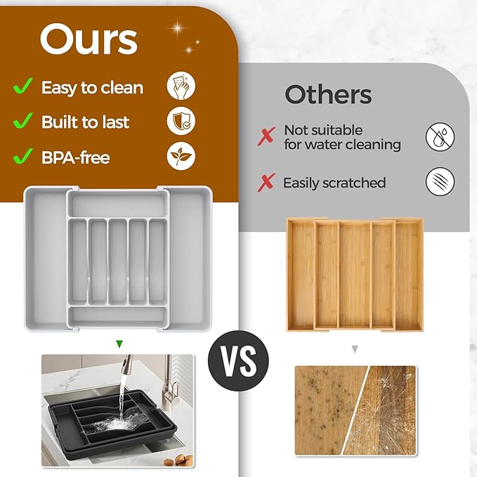 Extra Large Expandable Silverware Organizer, BPA-Free Food-Safe Cutlery Flatware Organizer, Kitchen Utensil Drawer Organizer, Adjustable Silverware Holder for Spoons Forks Knives, Gray