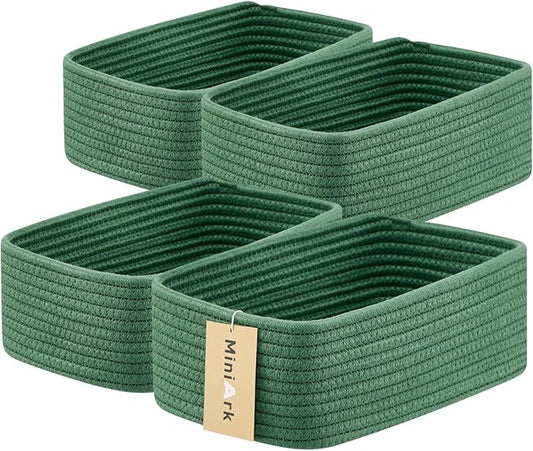 Small Storage Baskets for Organizing | Closet Organizer Bins | Shelf Toy Basket | Woven Rope Baskets | Cube Decorative Box | Shallow Basket | 11.5x7.5x4.7” | 4 Packs Green