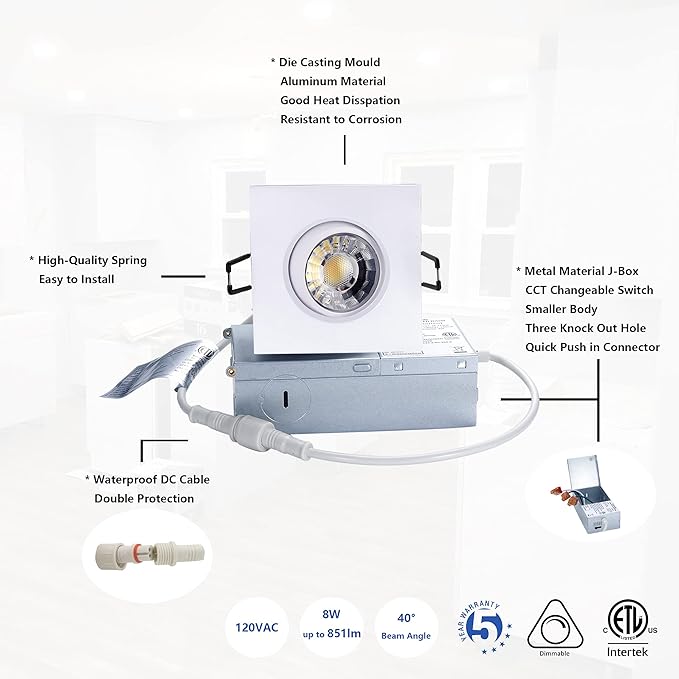 Canless Recessed Gimbal Downlight Rotatable-Spotlight 5 CCT 3 Inch Eyeball Ceilling Potlight, Dimmable Recessed Lights Fixture with Junction Box, 8W CCT Adjustable, White Square Finish, 6P