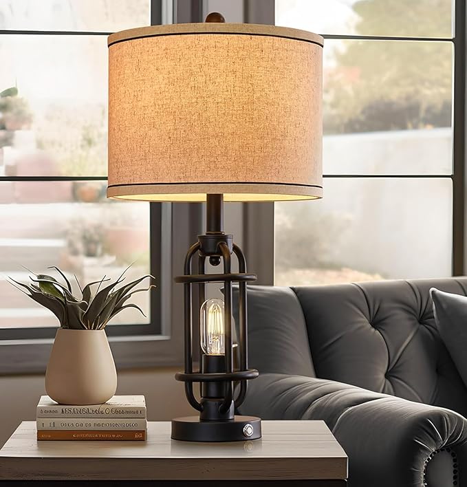 23.75'' Industrial Black Metal Table Lamps Living Room Lamp for Nightstand Bedroom lamp Single Bedside End Side Table Lamps Home Decor Touch Lamp Modern Lamps with USB Ports, Bulbs Included