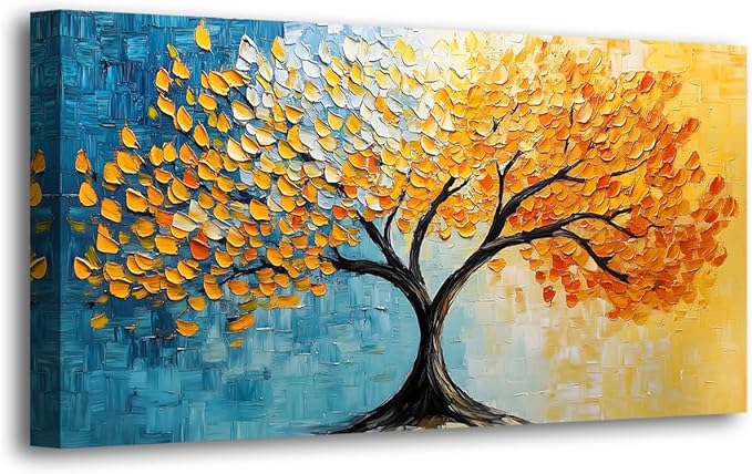 Blue and Yellow Canvas Wall Art Bedroom Wall Decor Living Room,Abstract Tree Leaves Wall Art Office Kitchen Paintings Artwork Modern Golden LeafPictures Art Prints Waterproof Ready to Hang-20x40inch