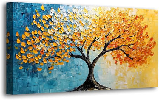 Blue and Yellow Canvas Wall Art Bedroom Wall Decor Living Room,Abstract Tree Leaves Wall Art Office Kitchen Paintings Artwork Modern Golden LeafPictures Art Prints Waterproof Ready to Hang-20x40inch