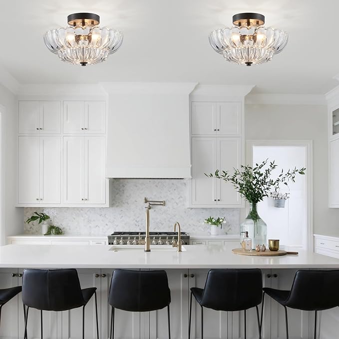 XINGQI Modern Chandelier Vintage Semi Flush Mount Ceiling Light Fixture Small Black 3-Light Close to Ceiling Scalloped with Clear Glass Shade for Living Room Entryway Bedroom Closet