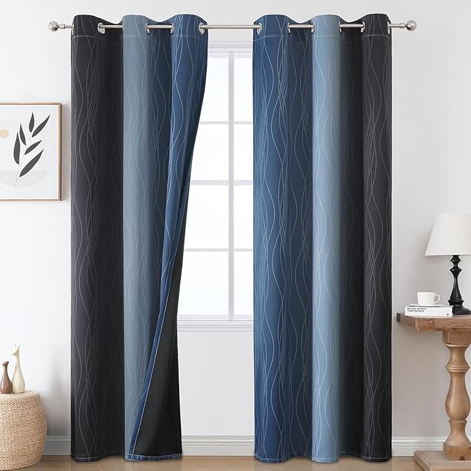 Estelar Textiler Navy Blue and Black Ombre Blackout Curtains 84 Inch Length 2 Panels Set, Full Room Darkening Grommet Curtains for Bedroom, Thermal Insulated Light Blocking Gradient Drapes, 42Wx84L