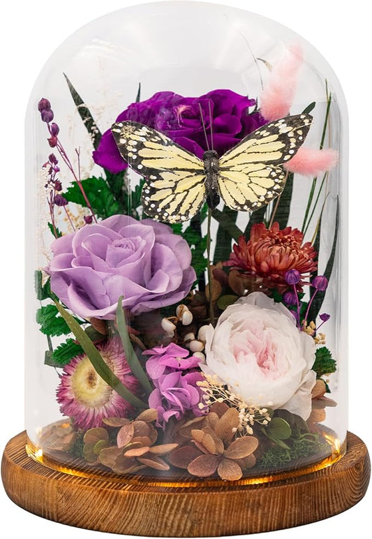 Eternal Flowers with Butterfly: Forever Flowers Gift for Her-Elegant Preserved Flowers in Glass Dome-Romantic Valentines, Anniversary, Mom Gifts for Her-Flowers for Delivery Prime (Purple)