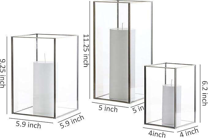 Set of 3 Square Glass Hurricane Candle Holders, Clear Glass Framed in Vintage Brass, Pefect for Spa, Hotel, Festival, Home Decoration,(Bronze Fram Finsh)