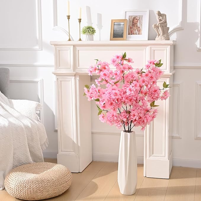 Sunm Boutique Pink Faux Cherry Blossom Branches, Artificial Cherry Blossom Stems Cherry Blossom Flowers Vase Arrangements for Wedding Home Party Kitchen Decor, Set of 3