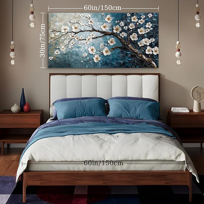 crmotu Teal Tree Wall Art, Plum Blossom Extra Large Artwork, Chinoiserie Floral Canvas Botanical Prints, Blue Plant Modern Wall Pictures for Living Room Bedroom Office Farmhouse Cottage 30X60 Inches