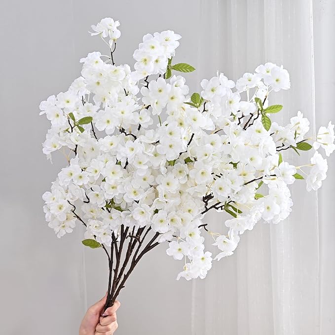 Sunm Boutique White Cherry Blossom Flowers, Artificial Cherry Blossom Decor Faux Cherry Blossom Branches Vase Arrangements for Wedding Home Party Kitchen Decor, Set of 3