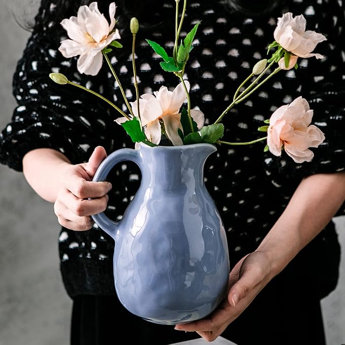 Kimdio Blue Ceramic Vase with Handle, Modern Pitcher Vase for Home Decor, Nordic Pottery Vase, Decorative Flower Vase, Clay Vase, Centerpieces for Living Room