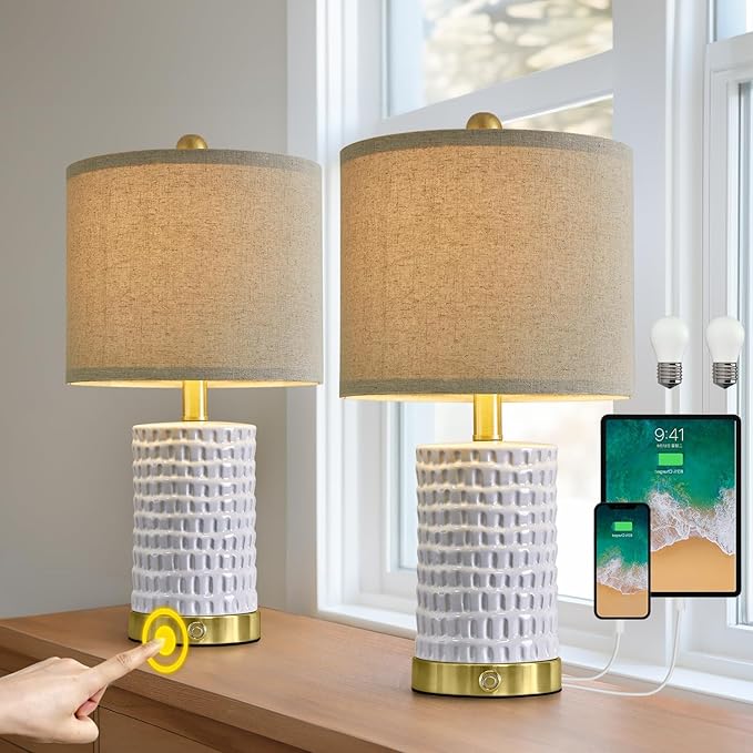 PORTRES 19" Farmhouse 3-Way Dimmable Touch Ceramic Table Lamp Set of 2 White Bedside Lamps for Bedroom Lamps for Living Room Nightstand Lamp End Table lamps with USB A+C Charging Ports(Bulbs Included)