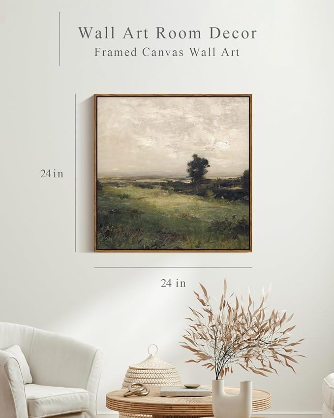 InSimSea Square Framed Canvas Wall Art, Landscape Room Decor Classical Scenery Vast Valley Grassland Oil Paintings Canvas Art Wall Decor, Home Decor for Living Room Bedroom Bedroom Office 24"x24"