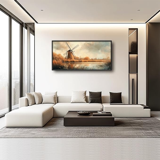 Landscape Framed Wall Art for Living Room, Large Holland Windmill Canvas Wall Decor, Country Farmhouse Pictures Painting, Modern Artwork for Bathroom Bedroom 60L'' × 30W''
