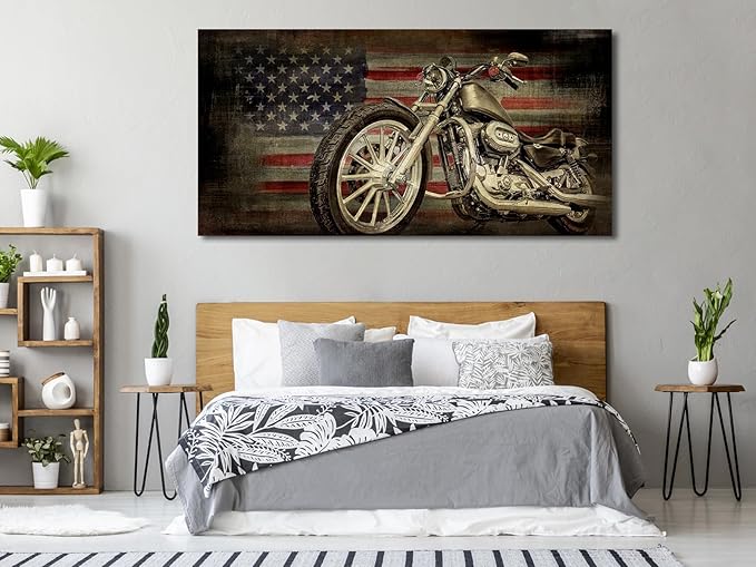 yearainn American Flag Motorcycle Wall Art - Vintage Map of USA Pictures Retro Motorcycle Wall Decor American Freedom Ride Canvas Painting Print Modern Classic Artwork for Office Home Decor 29" x 58"