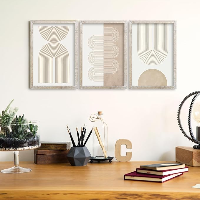 Wall Art Set of 3 Geometric Beige Spiral Wave 16"x11" Wooden Framed Mid Century Organic Abstract Neutral Sign Prints Nordic Boho Office Living Room Master Bedroom Wall Hang Decor (White)