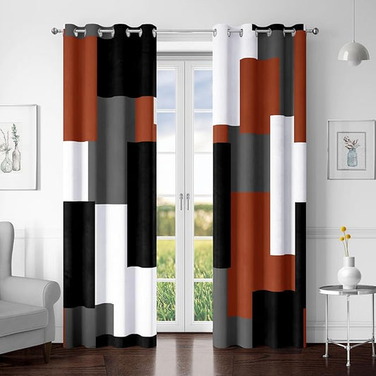 Burnt Orange 100% Blackout Curtains for Bedroom 72 inch Length 2 Panels Set Grey Modern Abstract Geometric Fall Black Out Curtains Insulated Room Darkening Window Drapes for Living Room, 52Wx72L