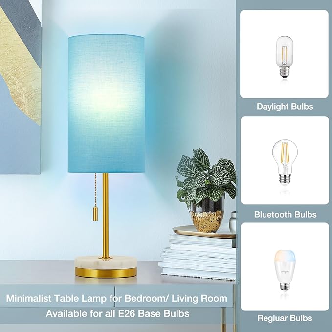 Luvkczc Minimalist Table Lamp Set of 2, Nightstand Lamp for Bedroom Living Room, Modern Pull Chain Bedside Lamp with Marble Base, Fabric Shade, Small Desk Lamp for Home, Office, Reading,Blue