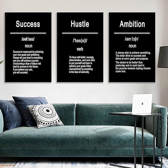 Success Hustel Ambition 3 Pieces Motivational Canvas Wall Art Inspirational Quote HD Pictures Wall Decor Posters Painting Artwork for Living Room Office Workplace Stretched and Framed [72''Wx 36''H]
