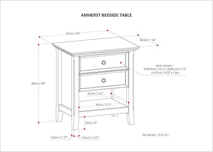 SIMPLIHOME Amherst SOLID WOOD 24 Inch Wide Traditional Bedside Nightstand Table in Farmhouse Grey, For the Living Room and Bedroom