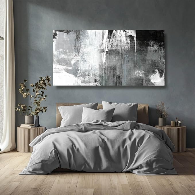 Large Canvas Wall Art/Black And White Abstract Wall Art for Living Room/Hand-Painted Artwork Decor for Dinning Room Bedroom Hotel Office Kitchen 29x58 In