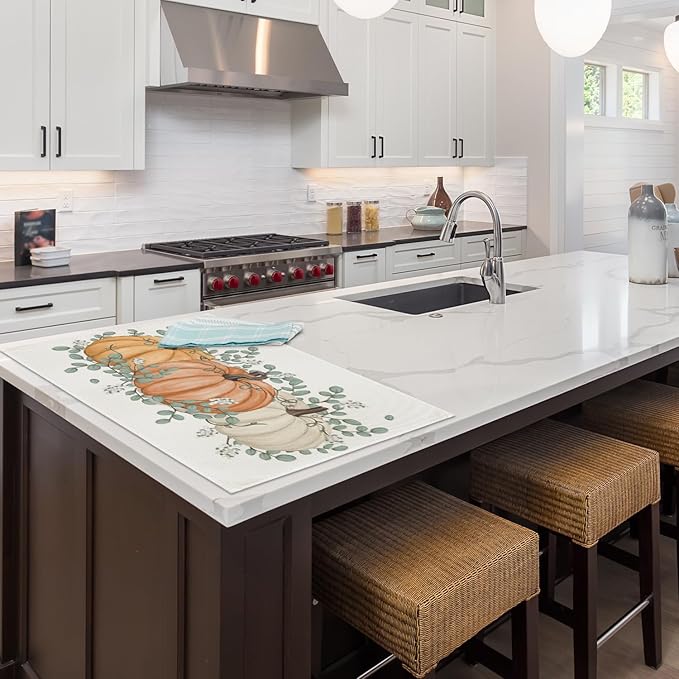 Artoid Mode Pumpkins Eucalyptus Leaves Fall Placemats, 24x36 Inch Extra Large Table Mats for Kitchen Countertop Protector Dining Decoration