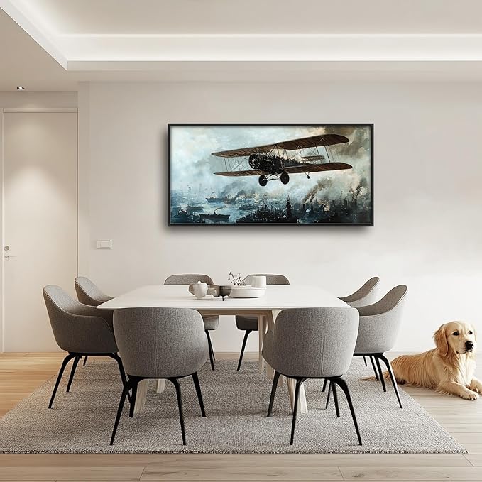 Flintis Large old Biplane Framed Wall Art Vintage Aircraft Pictures Wall Decor Abstract Airplane Poster Canvas Painting Print Artworks Framed for Living Room Bathroom Master Bedroom 60L X 30W