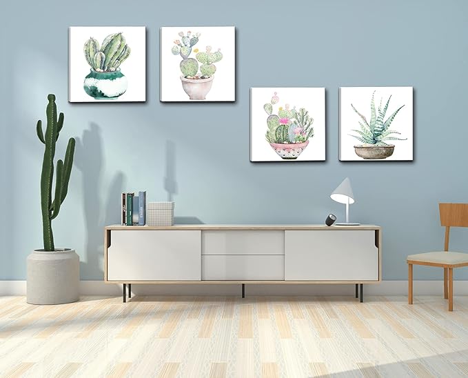 Succulent Bathroom Decor Cactus Canvas Wall Art, Green Botanical Pictures Print, Watercolor Plant Paintings Artwork for Bedroom Living room Office Decoration - 12" X 12"
