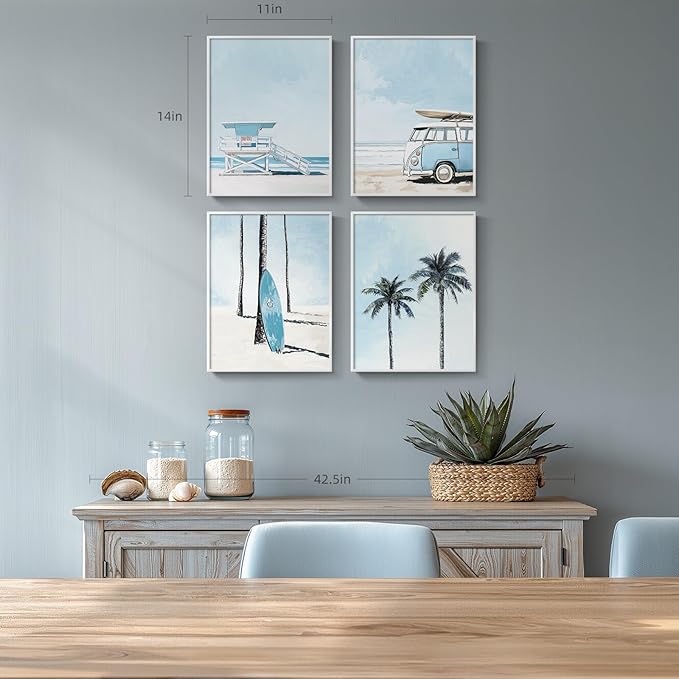 Framed Blue Coastal Beach Wall Art for Room Decor, 4 Piece Beach Ocean Bathroom Canvas Pictures Prints, Palm Tree Surfboard Coastal Summer Artwork for Living Room Bedroom Office Walls Decor, 11x14 In