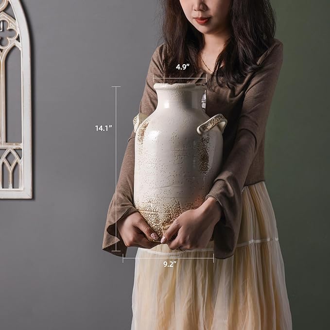Quoowiit Ceramic Rustic Farmhouse Vase, 14 Inch Distressed Decorative Flower Vase for Home Decor, Large White Vase for Living Room Bedroom Kitchen Office Decor Centerpiece Table Decorations