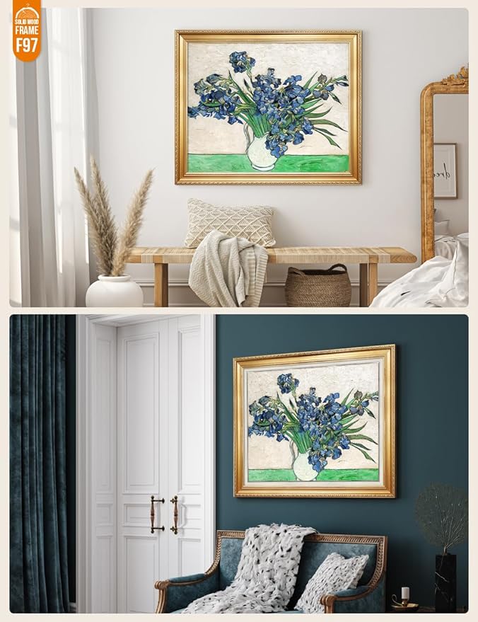 DECORARTS - Vase with Irises1889, Vincent Van Gogh Art Reproduction. Acid Free Cotton Canvas Giclee Print w/Bronze Frame&Mat for Wall Decor.