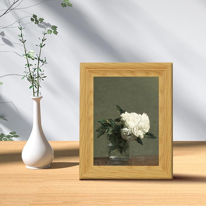 Brivoria Framed Canvas Wall Art Vintage Decor, White Roses in Glass Vase Realist Still Life Painting with Olive Green Background for Bedroom Bathroom Entryway Kitchen Decor, 8"x10"