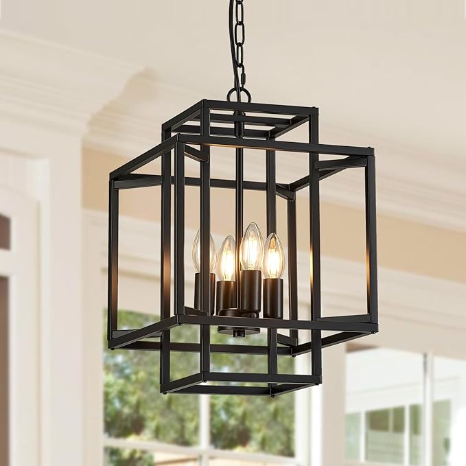 4-Light Black Chandelier,Semi Flush Light Fixture for Farmhouse with Metal Cage,E12 Bulb Socket and Adjustable Height for Dining Room,Kitchen Island,Living Room,Staircase, Entryway and indoor