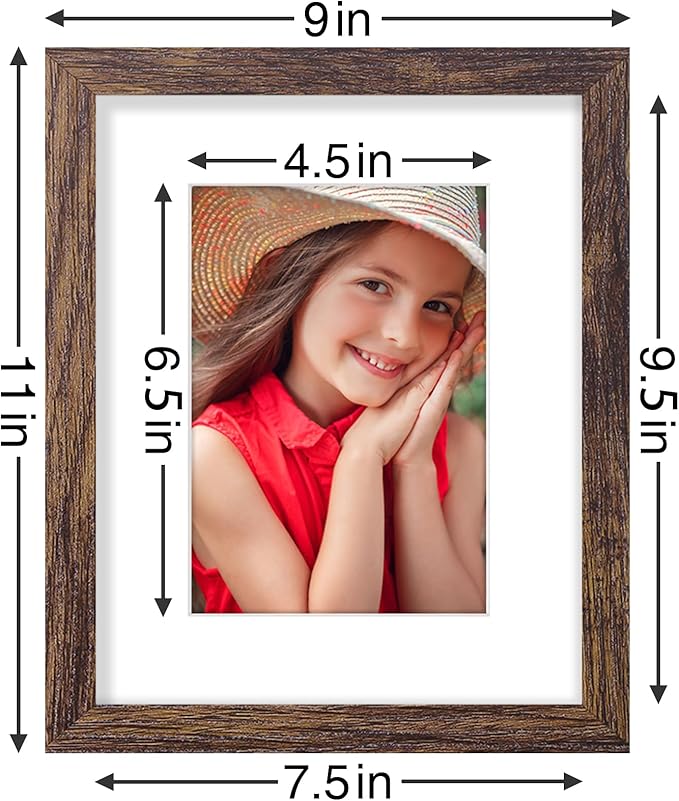 Vittanly 8x10 Picture Frames Set of 9, Shatter Resistant Plexiglass, Display 5x7 Pictures with Mat or 8x10 without Mat, Photo Frames for Wall or Tabletop, Engineered Wood, Brown