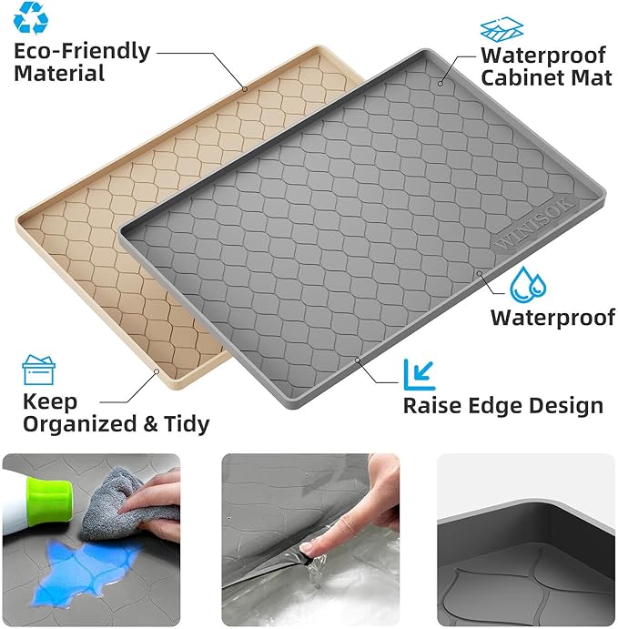 Silicone Under Sink Mat 28" x 19", Kitchen Essentials and Gadgets, Shelf Liner and Cabinet Protector, Home Organizers and Storage, Waterproof Bathroom Tray