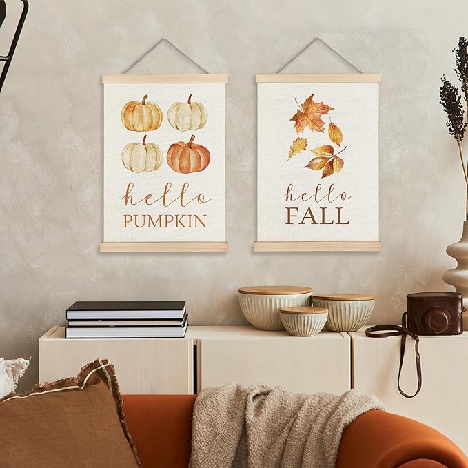 Supwhd Hello Pumpkin Fall Leaf Wall Art with Wooden Poster Hanger, Fall Wall Decor, Fall Posters, Farmhouse Fall Autumn Harvest Thanksgiving Wall Art Decor, Fall Home Decor, 12x16 Set of 2