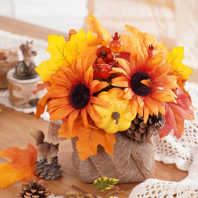 Waipfaru Fall Decor, Fall Decorations for Home，2Pcs Artificial Fall Flowers with Burlap Base, Fall Leaves Sunflower Decor Fall Leaves, Thanksgiving Decorations, Fall Centerpieces for Tables