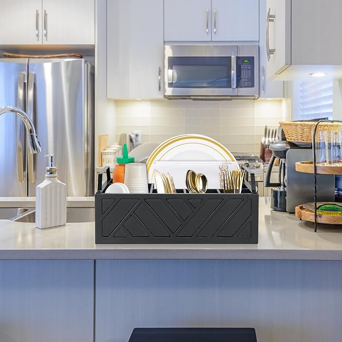 Paper Plate Dispenser and Holder for Kitchen Counter, Wood Rustic Silverware Utensil Caddy, Cutlery Flatware Organizer Box for Cups Spoons Forks Napkins, Kitchen Accessories (Black)