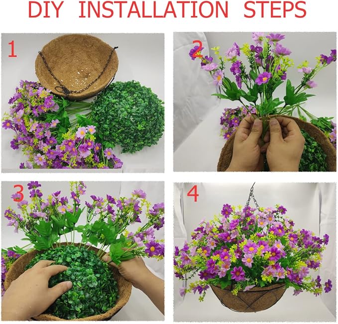 Artificial Hanging Flowers with Basket,Fake Daisy Flowers in 12 inch Coconut Lining Hanging Baskets for The Decoration of Courtyard, Indoors, and Outdoors(Violet)