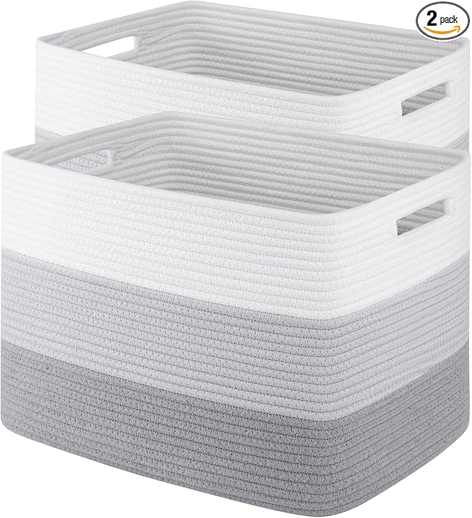 Storage Baskets for Organizing, 2 Pack Woven Basket for Storage, Rectangle Baskets for Shelves Closet Organizers, Toy Basket for Nursery Storage Living Room, Laundry Room, Bedroom (Gradient Grey)