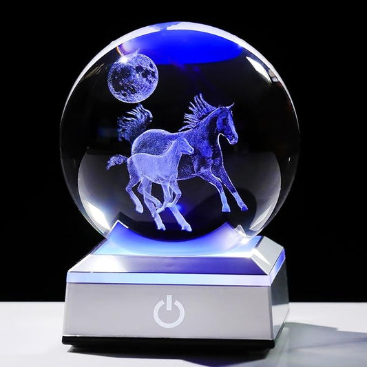 Ornalrist 3D Crystal Ball Engraved Mom and Baby Horse with Multicolor LED Light Base - Horse Lovers Gifts Home Decor
