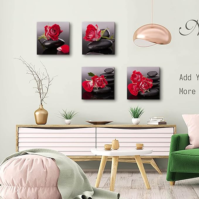 Yxbhhym-Black Red Canvas Wall Art Bedroom Stones Zen Wall Decor Rose Pictures Floral Poster print Spa Bathroom Wall Art for Living Room Decoration Kitchen Accessories Room Decor Framed Artwork